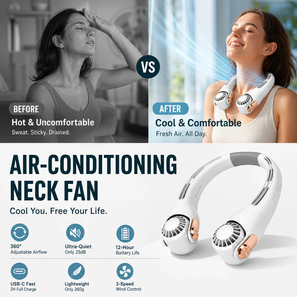 🥳2026 HOT SALE🥳💞50K+ SOLD!🍃💨 50% OFF! Neck Air Conditioner Fan – Ultra‑quiet, 360° rotating, 3 speeds. Hands‑free cooling, long battery. 🌬️😎🌬️