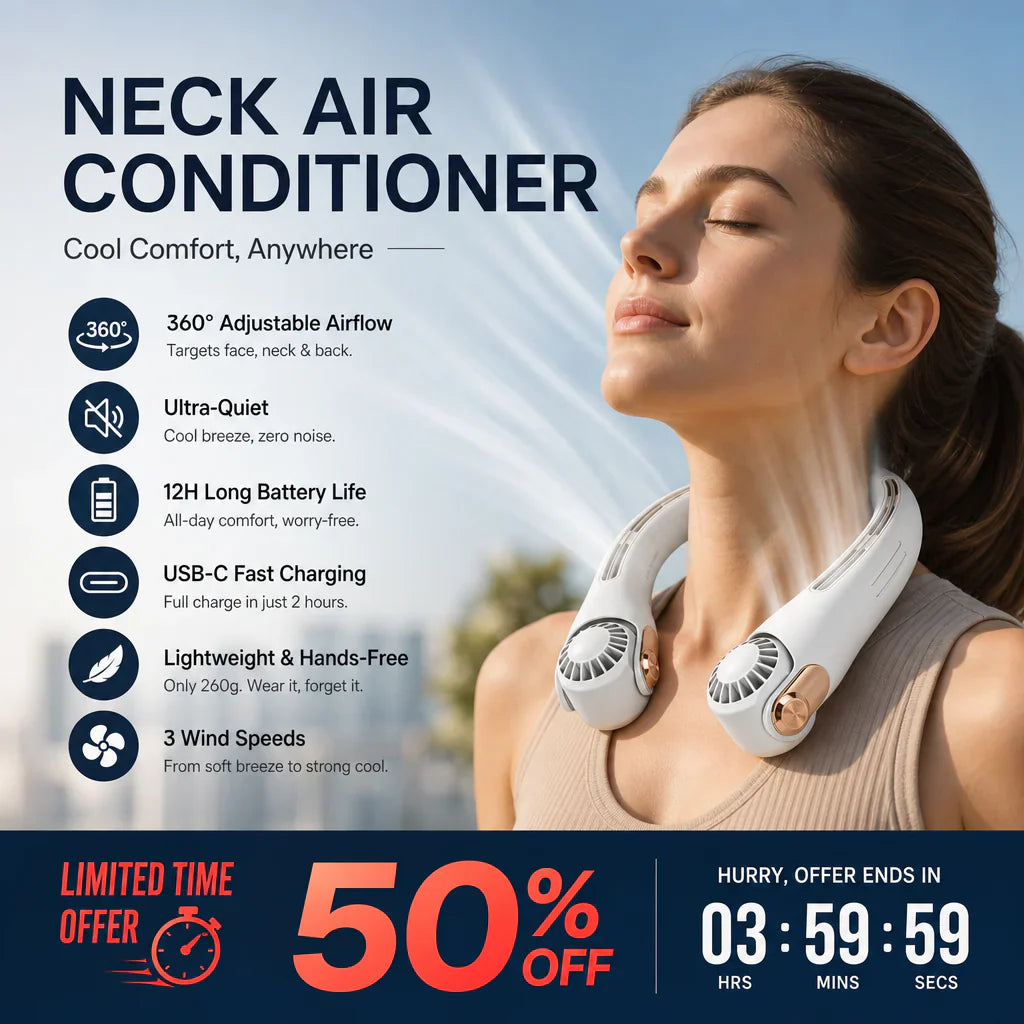 🥳2026 HOT SALE🥳💞50K+ SOLD!🍃💨 50% OFF! Neck Air Conditioner Fan – Ultra‑quiet, 360° rotating, 3 speeds. Hands‑free cooling, long battery. 🌬️😎🌬️